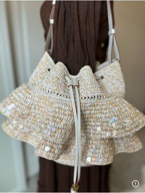 Loewe Cream Woven Ruffle Drawstring Shoulder Bag